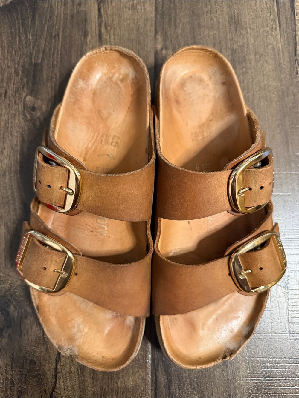 Birkenstock Gold Buckle Two-Strap Slide Sandals in Brown Leather